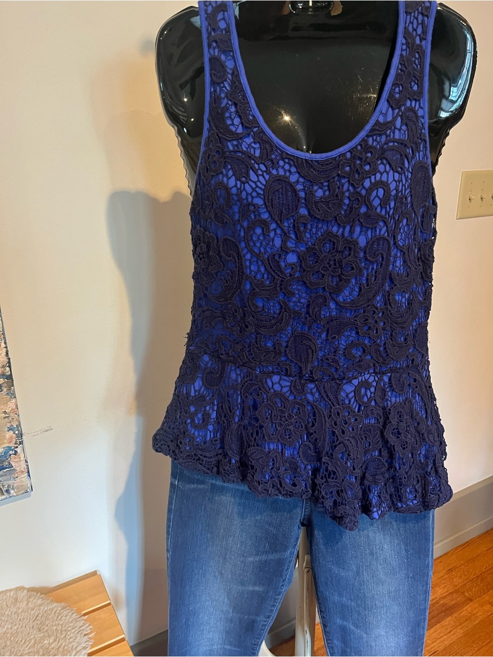 Meadow Rue Navy Blue Lace Overlay Asymmetrical Peplum Tank